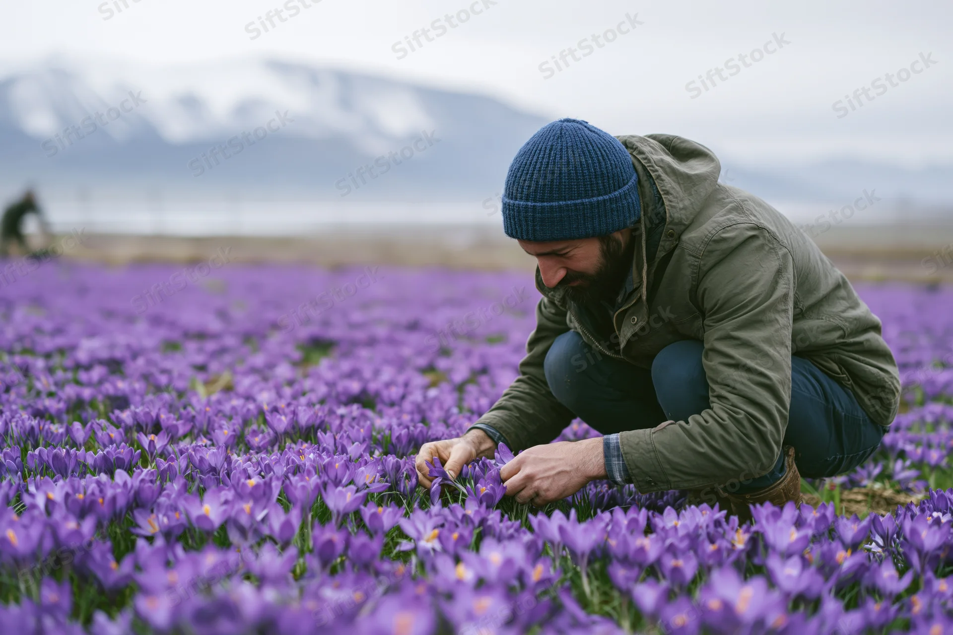 Man crouching to harvest purple crocus flowers in a field with snowy mountains in the background