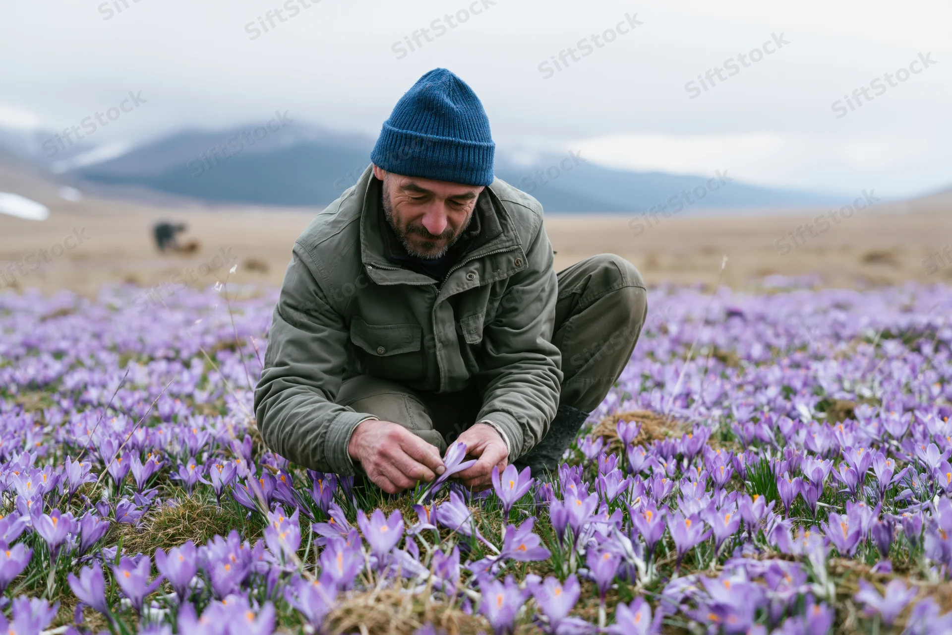 Man crouching to harvest saffron crocus flowers in a mountain field