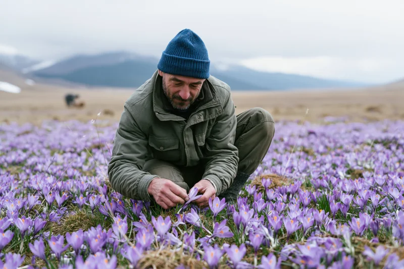 Man crouching to harvest saffron crocus flowers in a mountain field