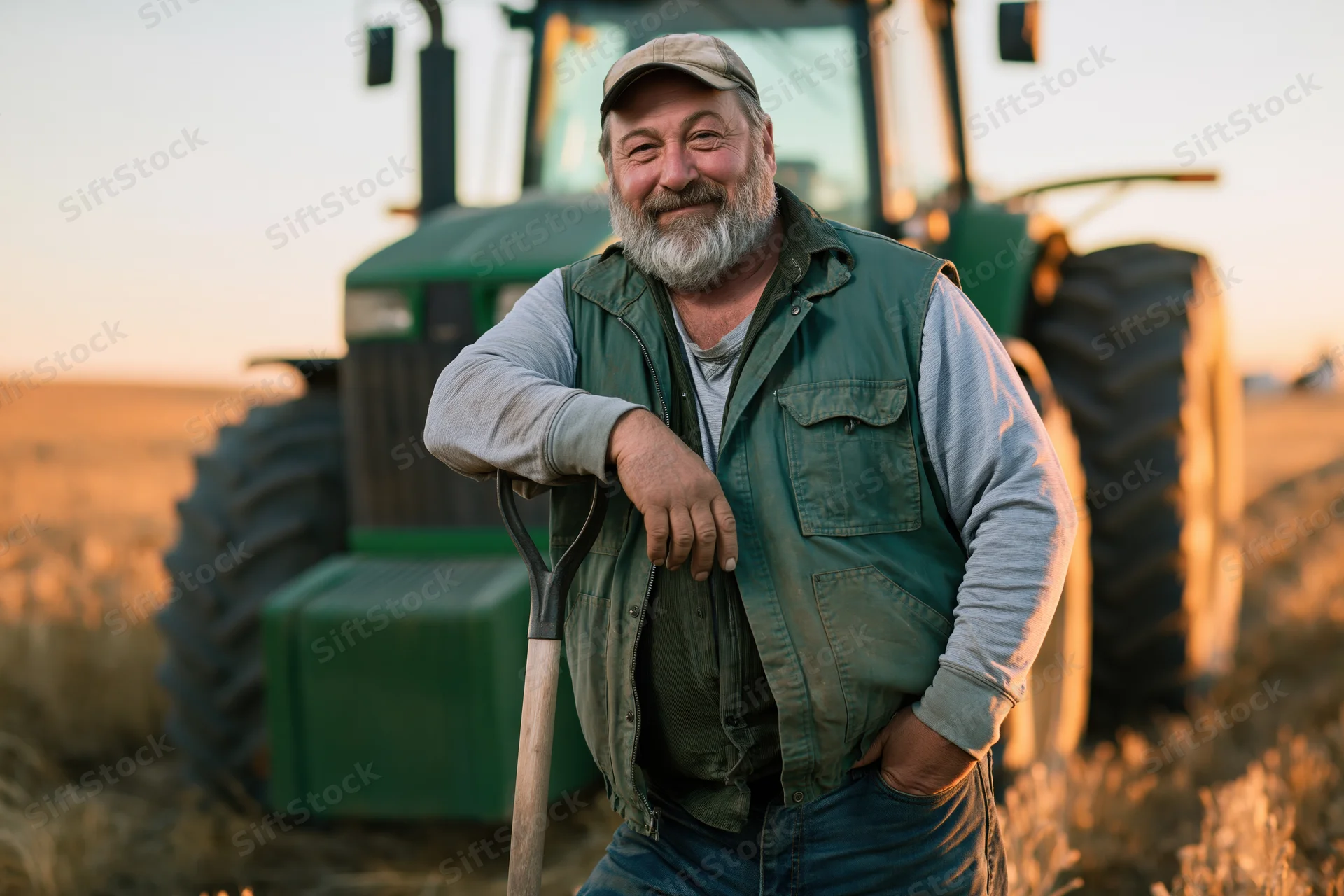 Senior bearded farmer leaning on shovel in front of green tractor in golden hour field