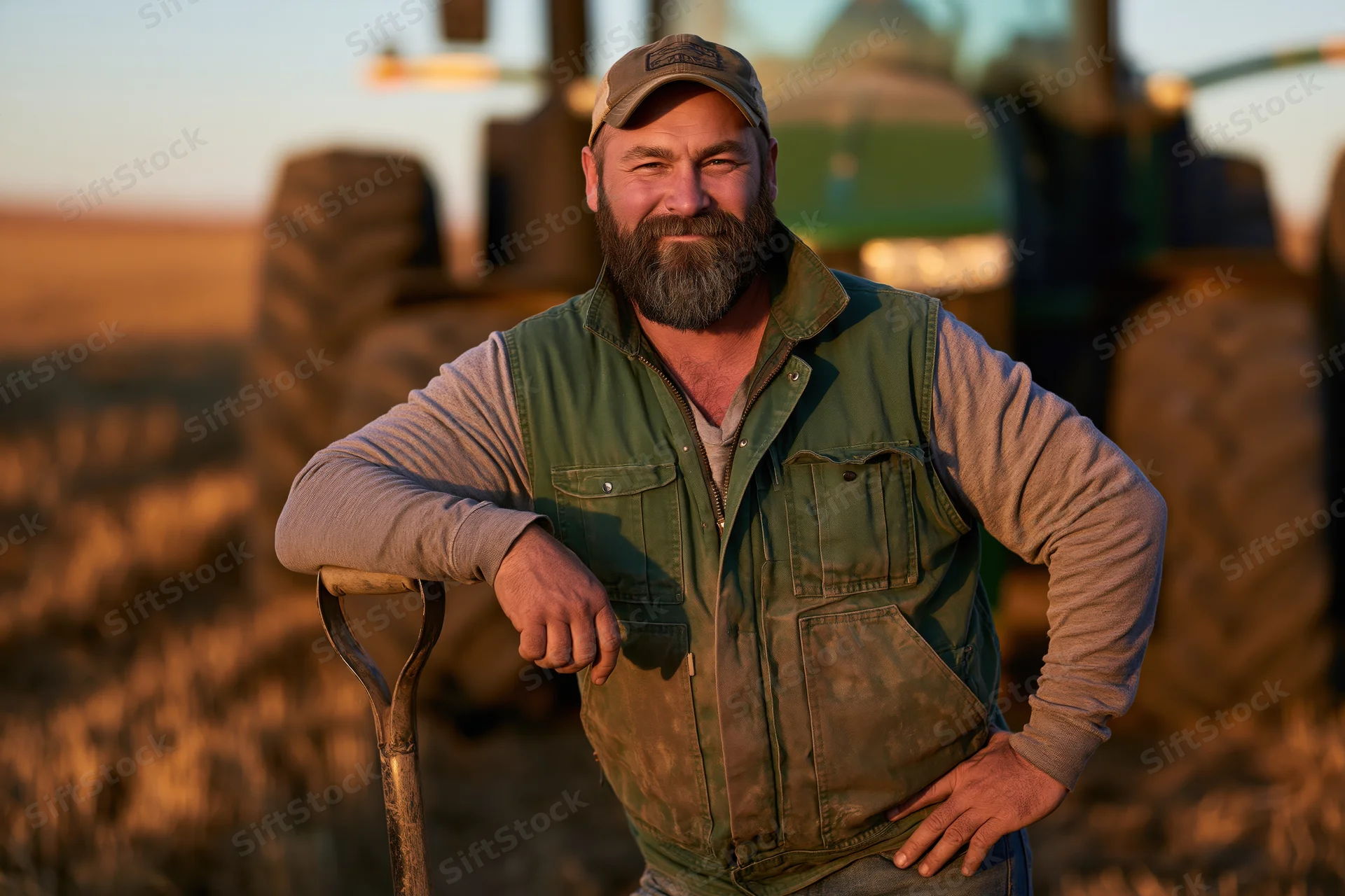 Farmer leaning on shovel in field with tractor at sunset