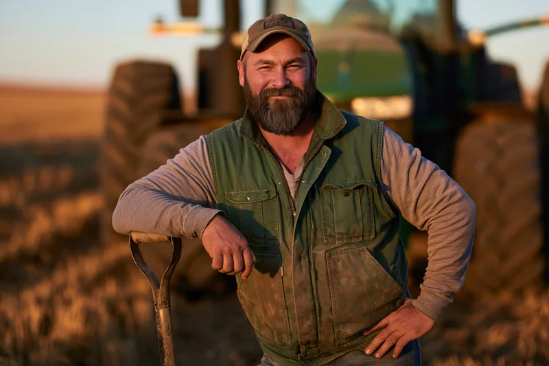 Farmer leaning on shovel in field with tractor at sunset