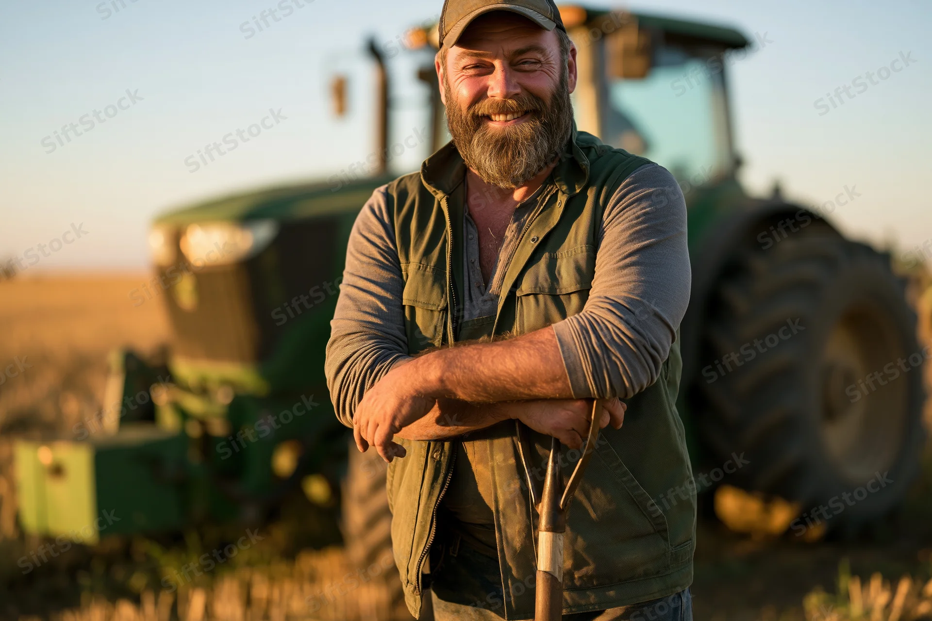 Farmer standing with arms crossed holding a hoe in a field with a tractor behind him at sunset
