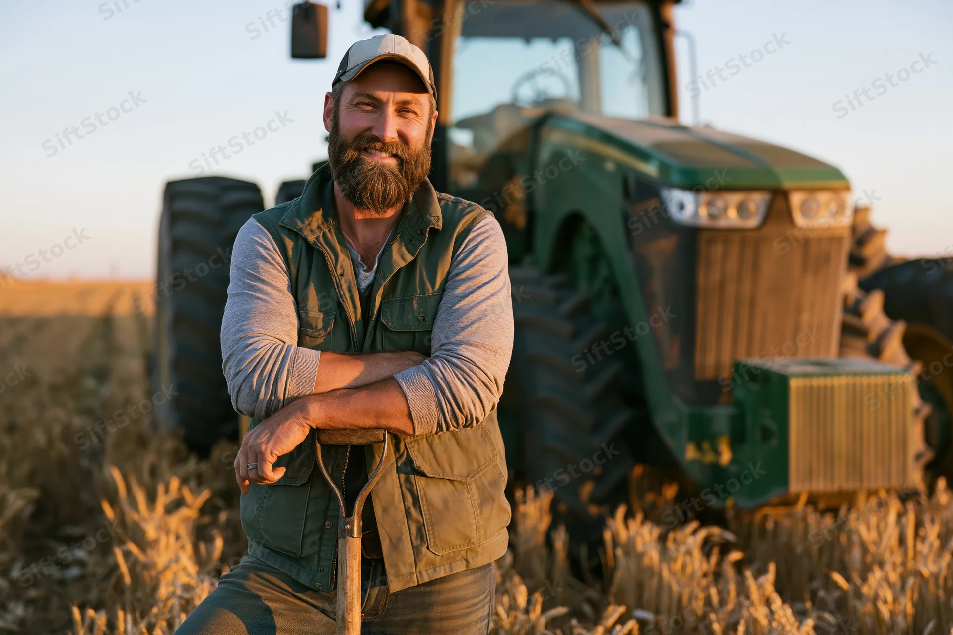 Farmer leaning on a hoe in a wheat field with a tractor behind him at sunset