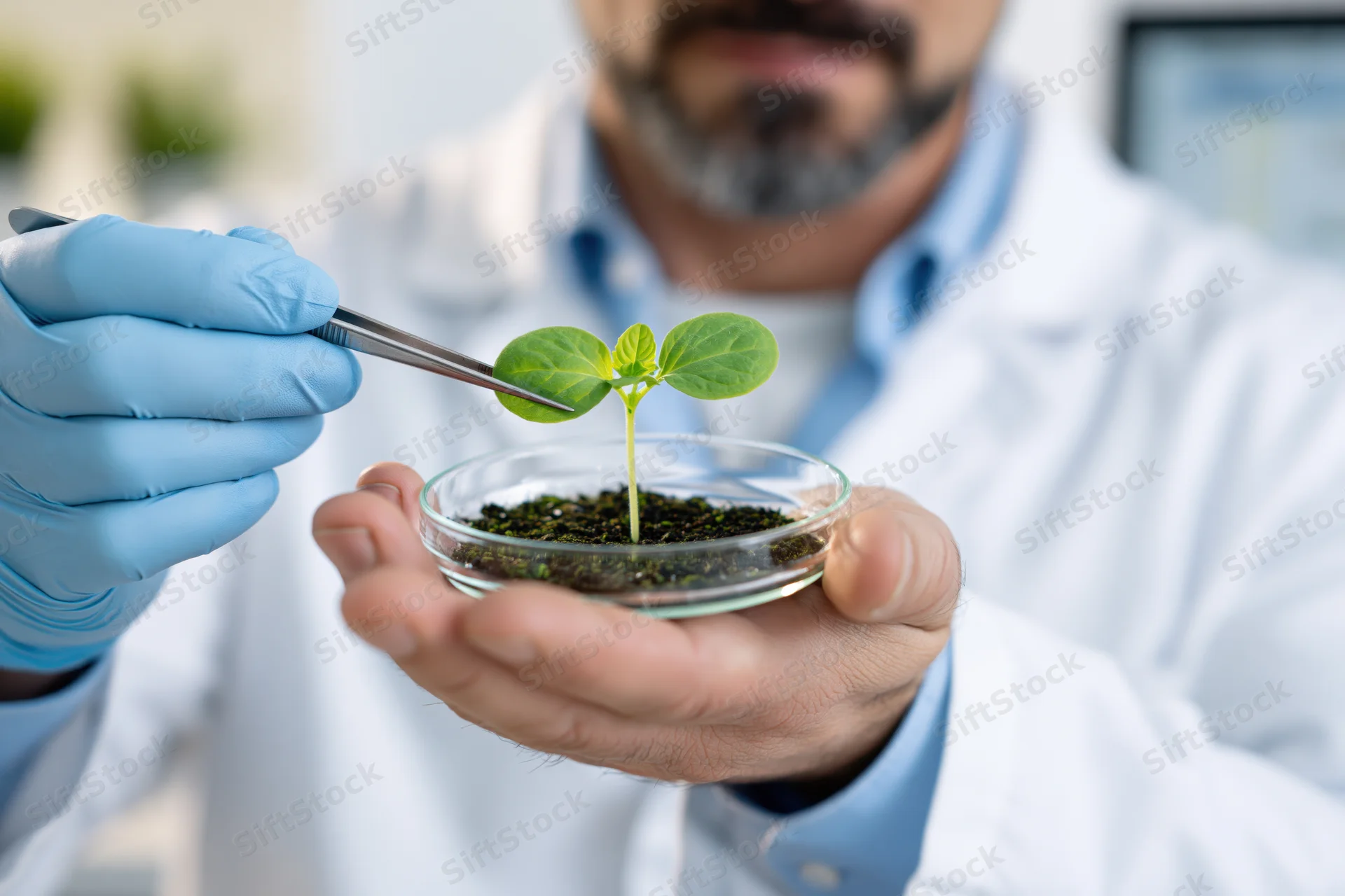 Scientist holding petri dish with seedling using tweezers in laboratory