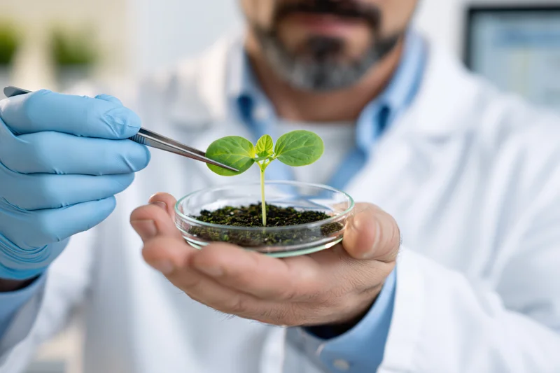 Scientist holding petri dish with seedling using tweezers in laboratory