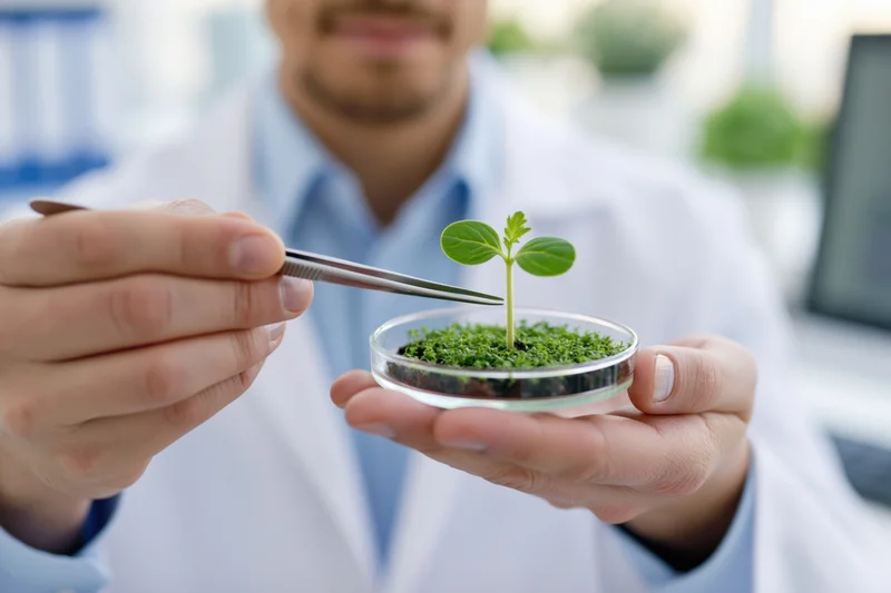 Scientist holding petri dish with seedling using tweezers in laboratory