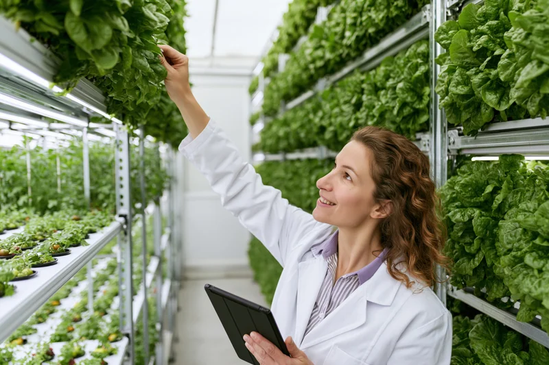 Woman scientist inspecting lettuce plants in a greenhouse with tablet