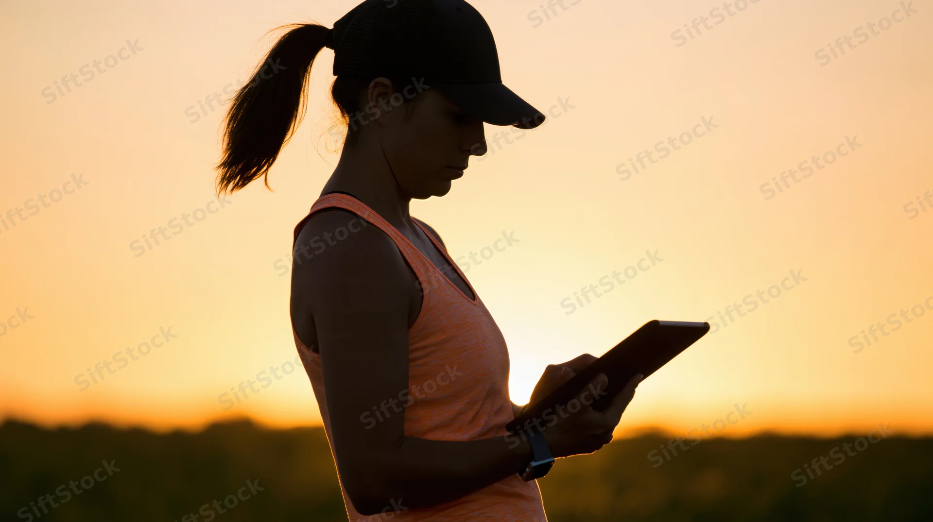 Woman in silhouette holding tablet outdoors at sunset