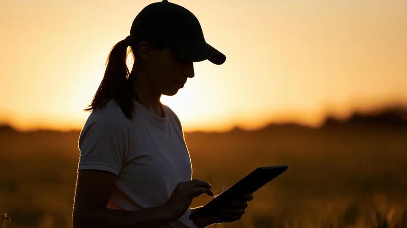 Woman using tablet in field at sunset
