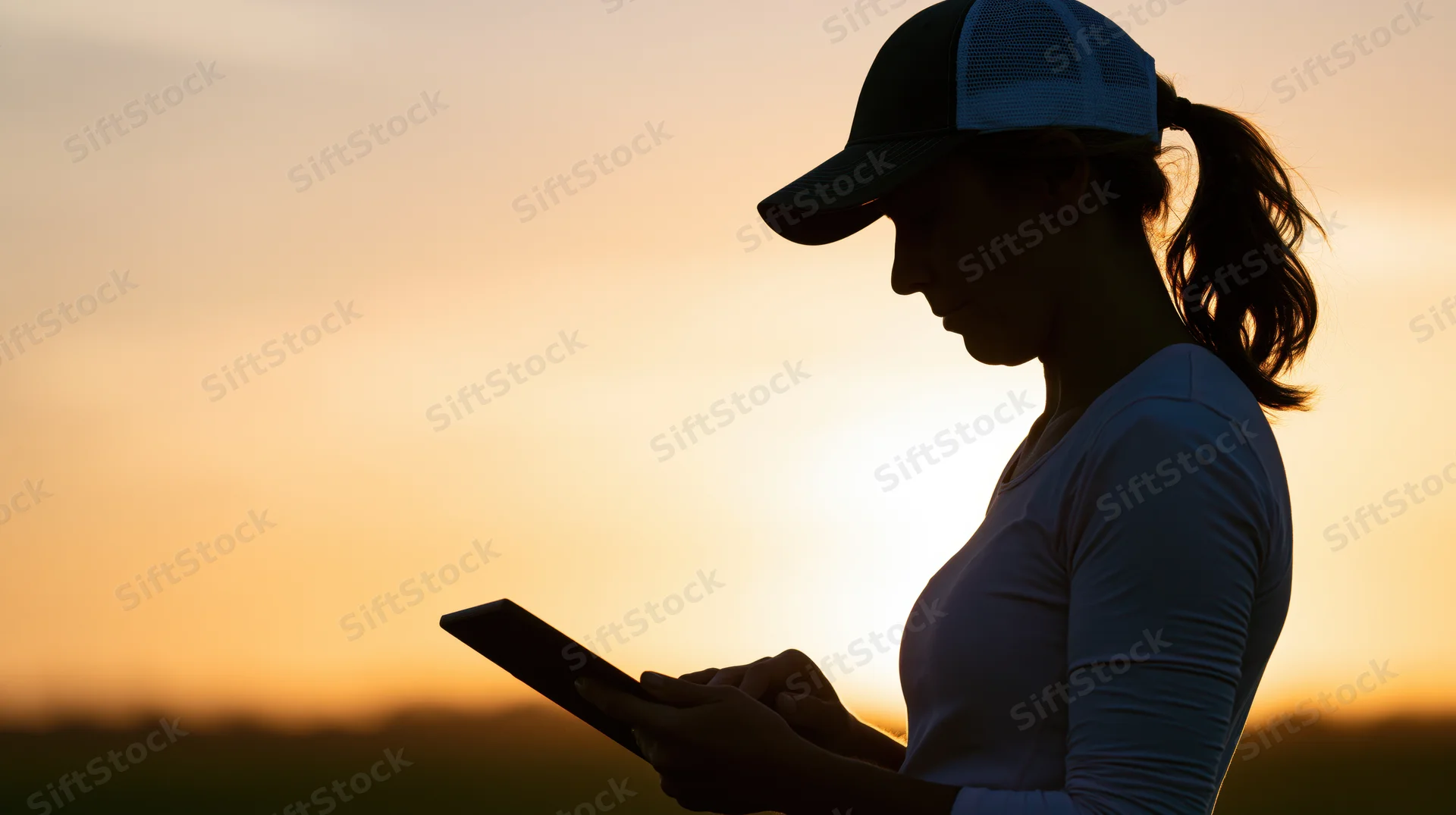 Woman in silhouette holding tablet outdoors at sunset