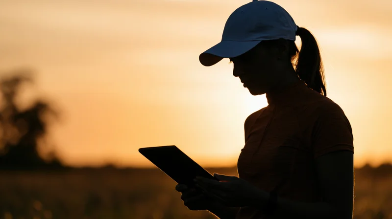 Woman in silhouette holding tablet outdoors at sunset in a field