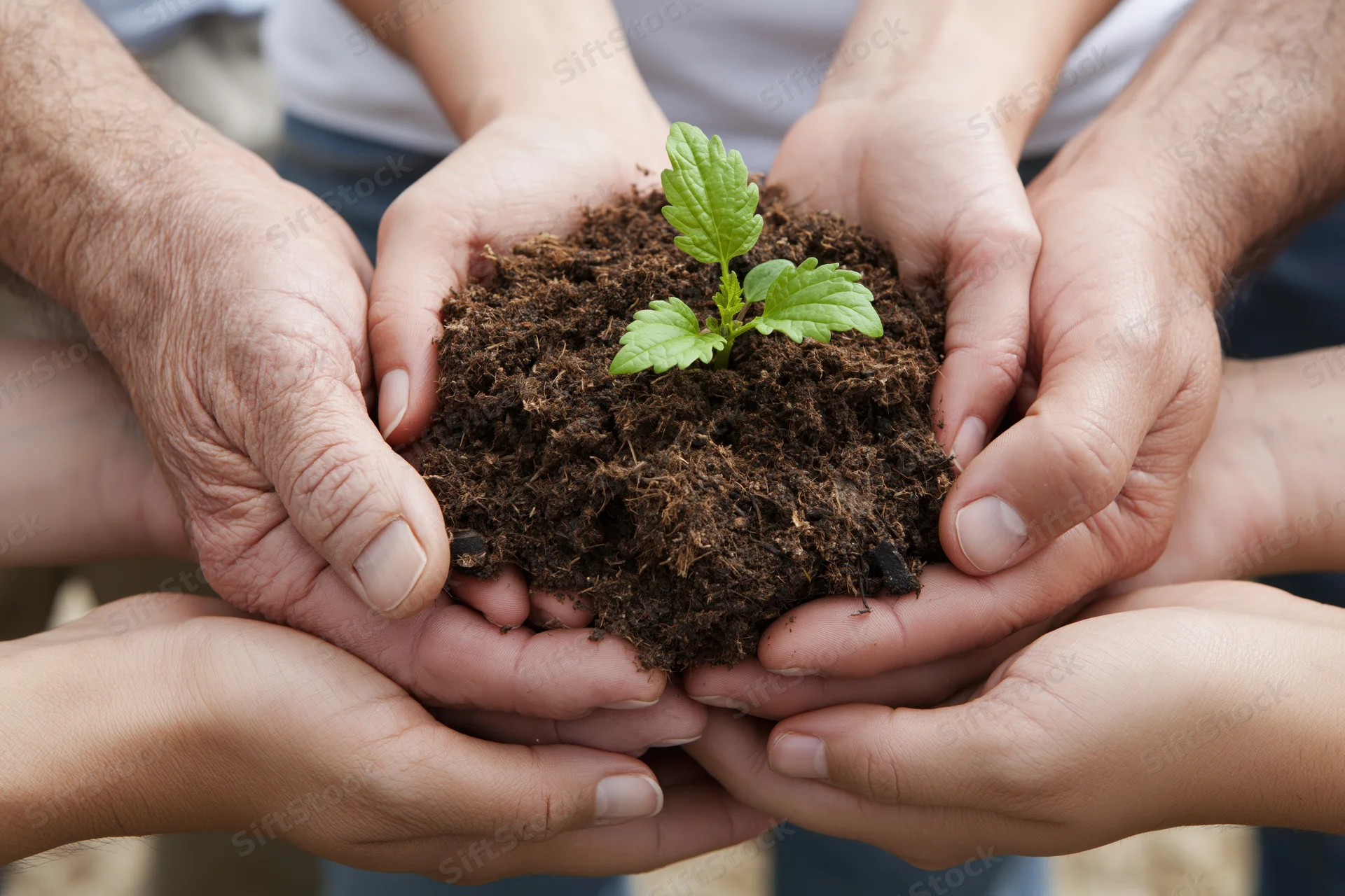 Multiple hands cradling a small green seedling in soil, symbolizing growth and care