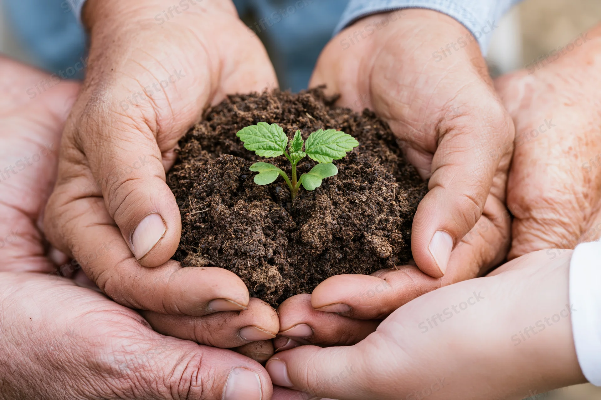 Multiple hands cradling a small green seedling in soil, symbolizing intergenerational care for nature