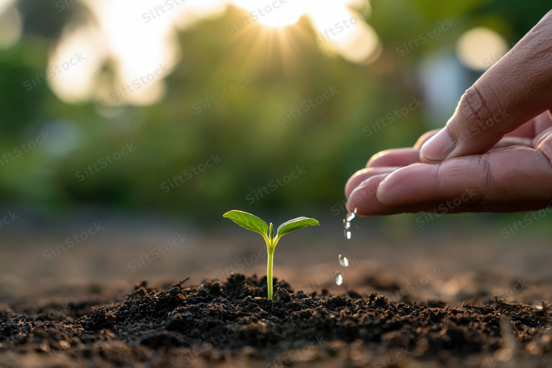 Hand watering a small green seedling in soil at sunrise