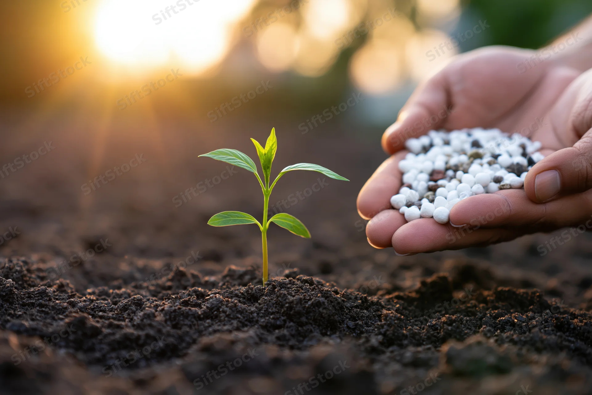 Hands holding fertilizer near a small green seedling in soil at sunset