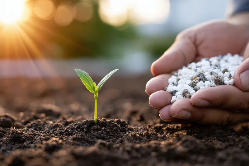 Hand holding fertilizer near a small green seedling in soil at sunrise