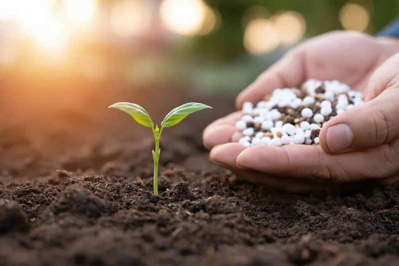 Hand holding fertilizer next to a small green seedling in soil