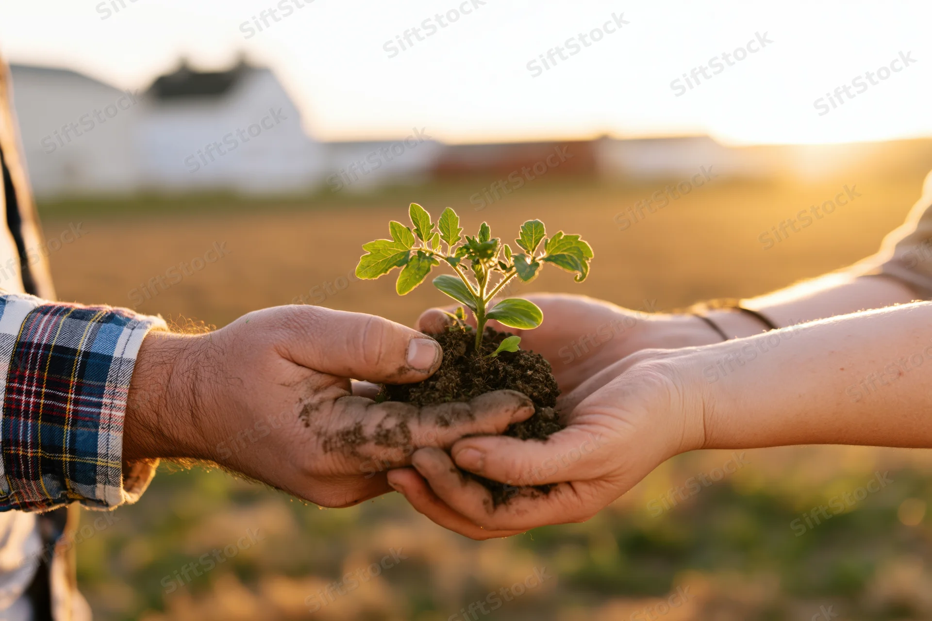 Two hands holding a small green seedling with soil in a rural field at sunset