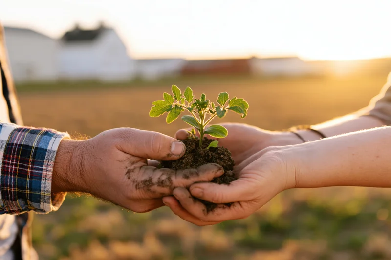 Two hands holding a small green seedling with soil in a rural field at sunset