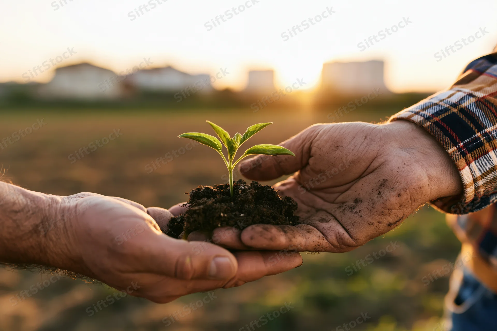 Two hands passing a small green seedling with soil in a rural field at sunset