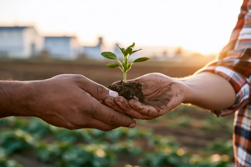 Two hands exchanging a small green seedling with soil in a garden field at sunset