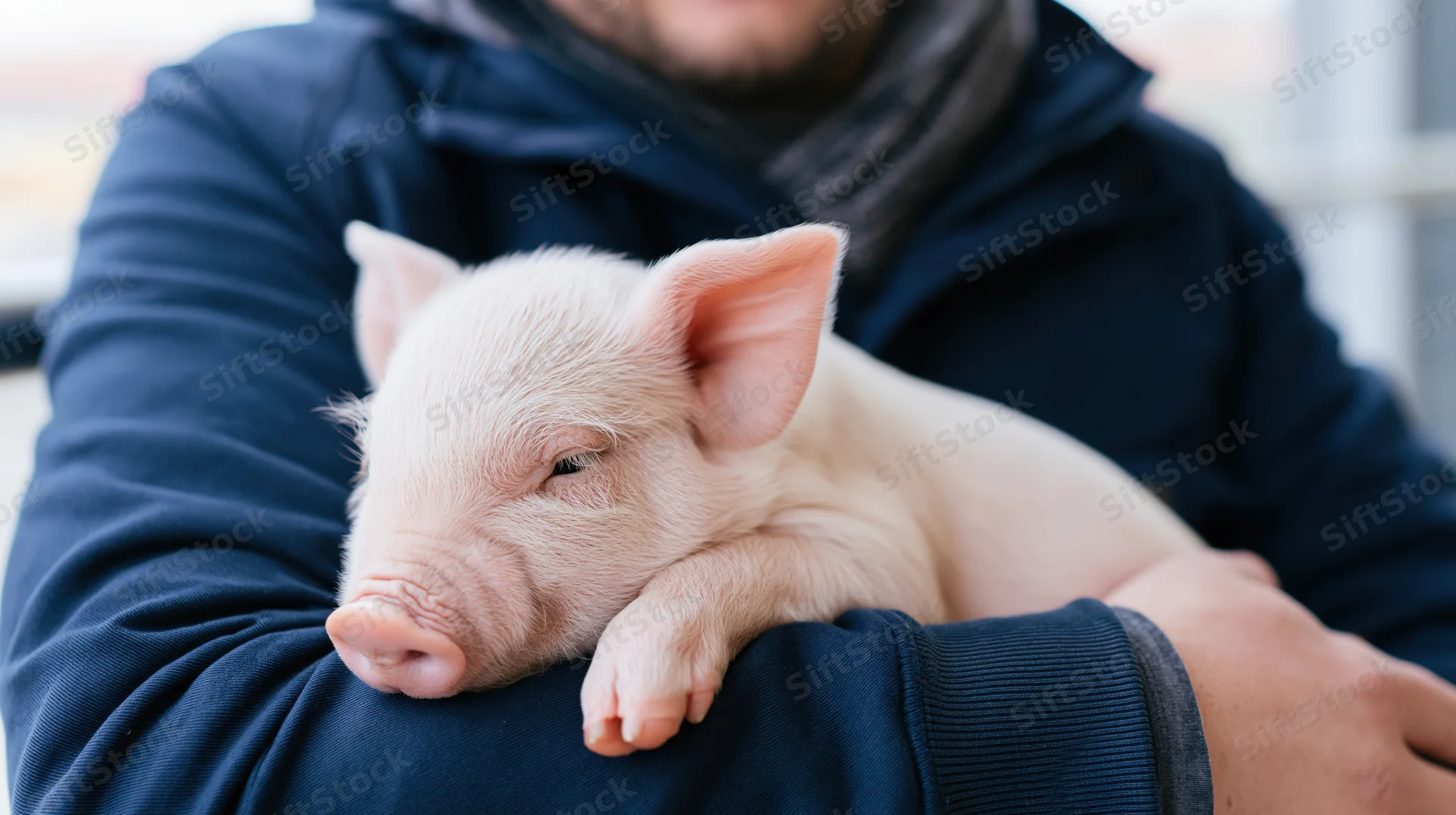 Man holding a sleepy piglet in his arms outdoors
