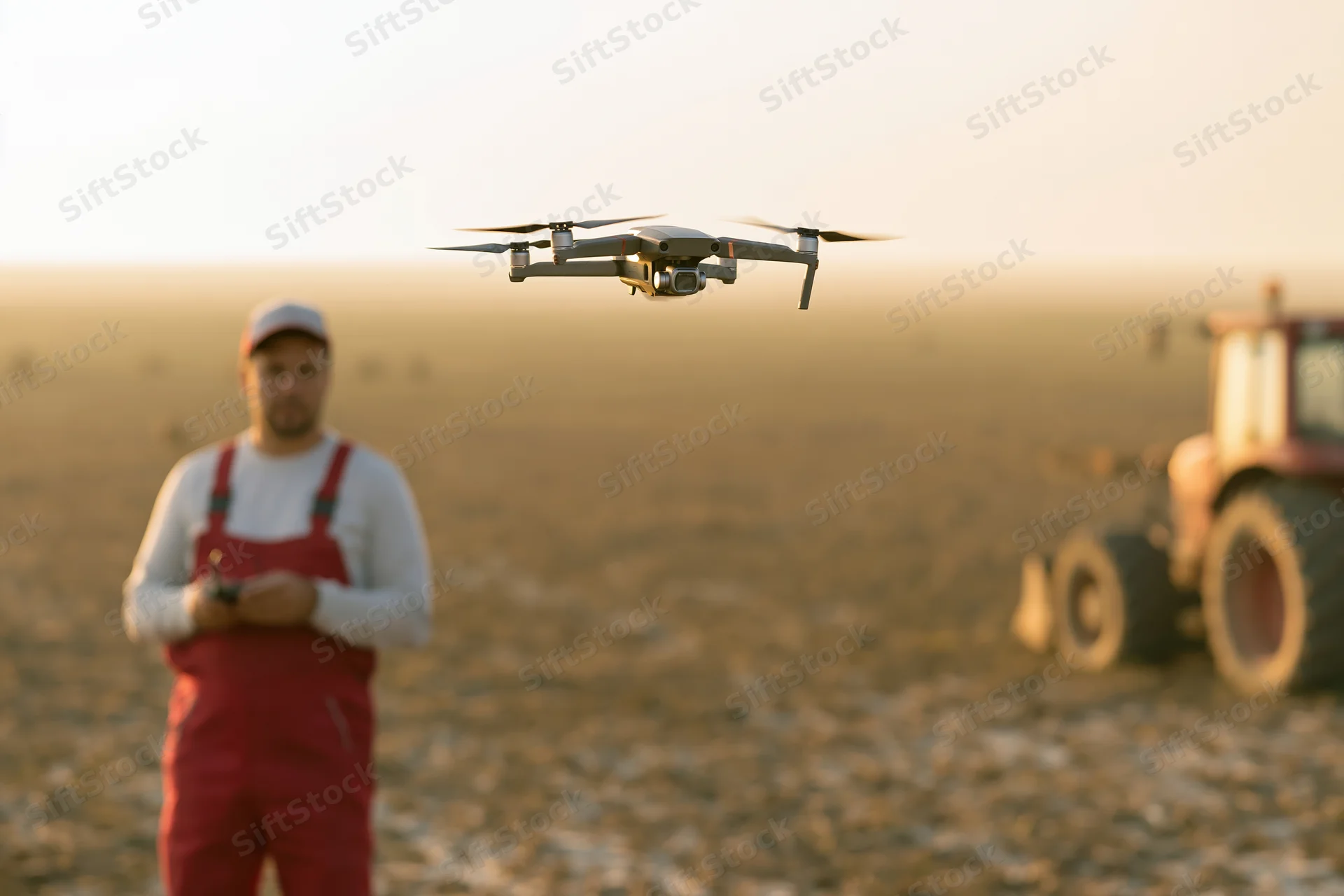 Drone hovering over farmland with farmer operating remote control near tractor