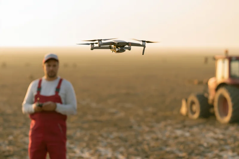 Drone hovering over farmland with farmer operating remote control near tractor