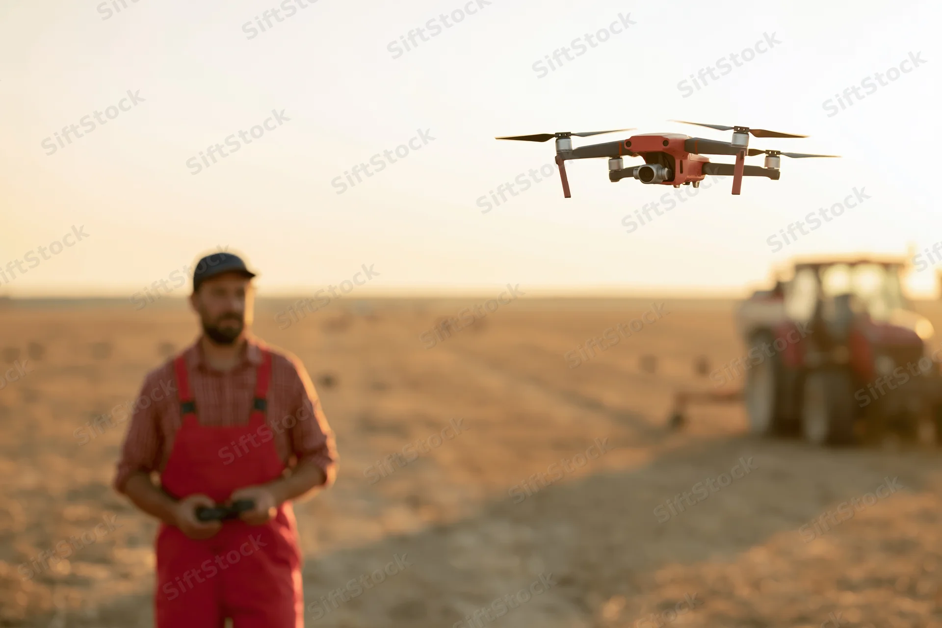 Farmer operating drone over agricultural field at sunset