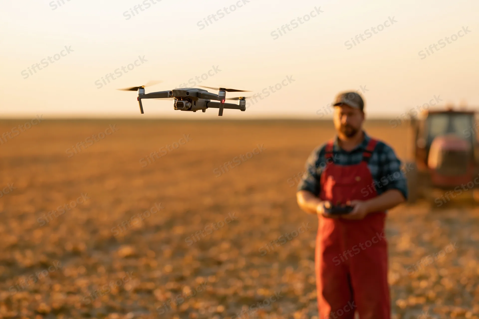 Farmer operating drone over harvested field at sunset