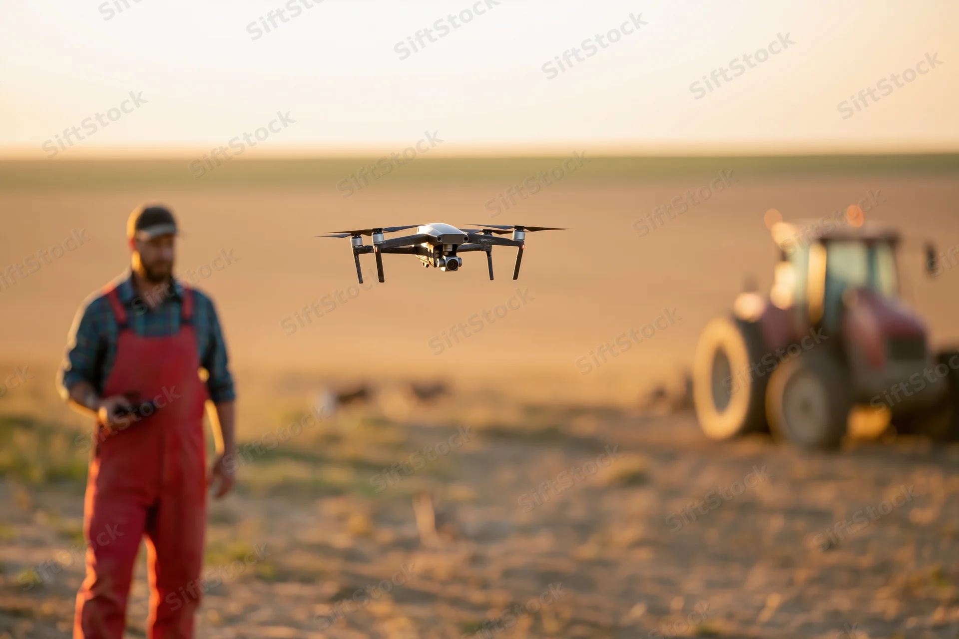 Farmer operating drone over field with tractor in background