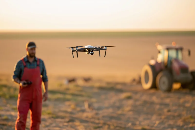 Farmer operating drone over field with tractor in background