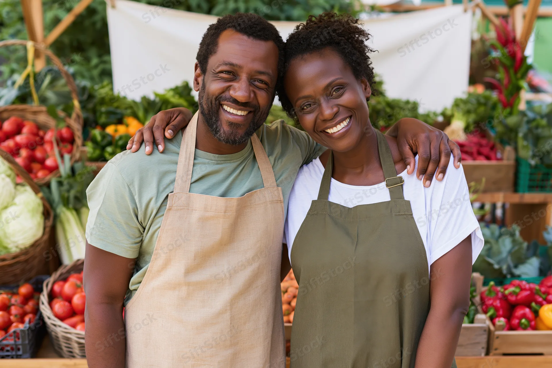 Smiling black couple in aprons standing together at a farm market stall surrounded by fresh vegetables