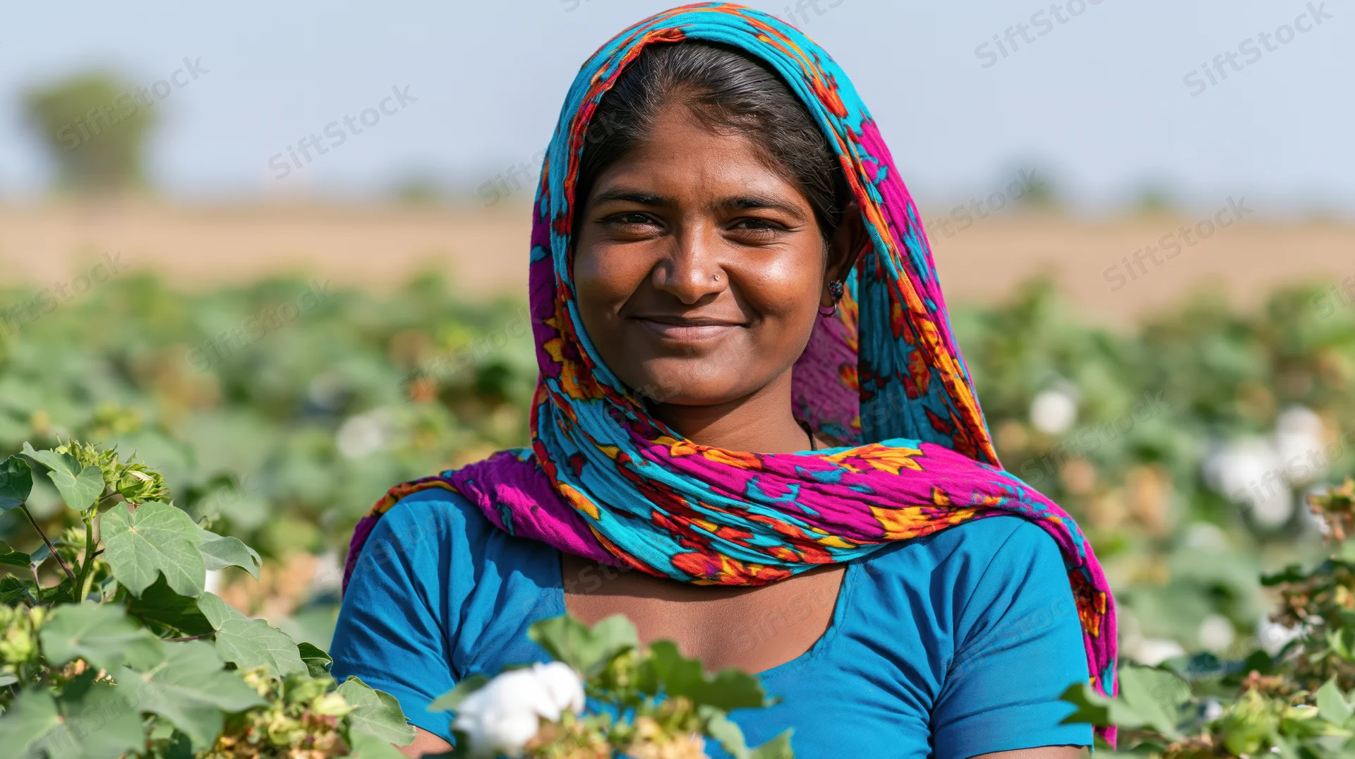 Smiling woman in a cotton field wearing a colorful scarf