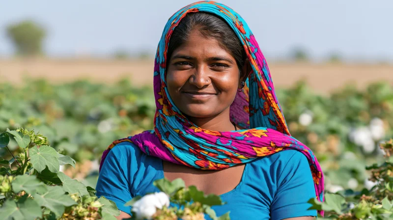 Smiling woman in a cotton field wearing a colorful scarf