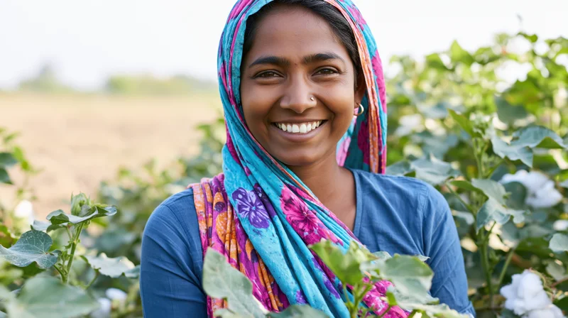 Smiling woman farmer in cotton field wearing colorful scarf