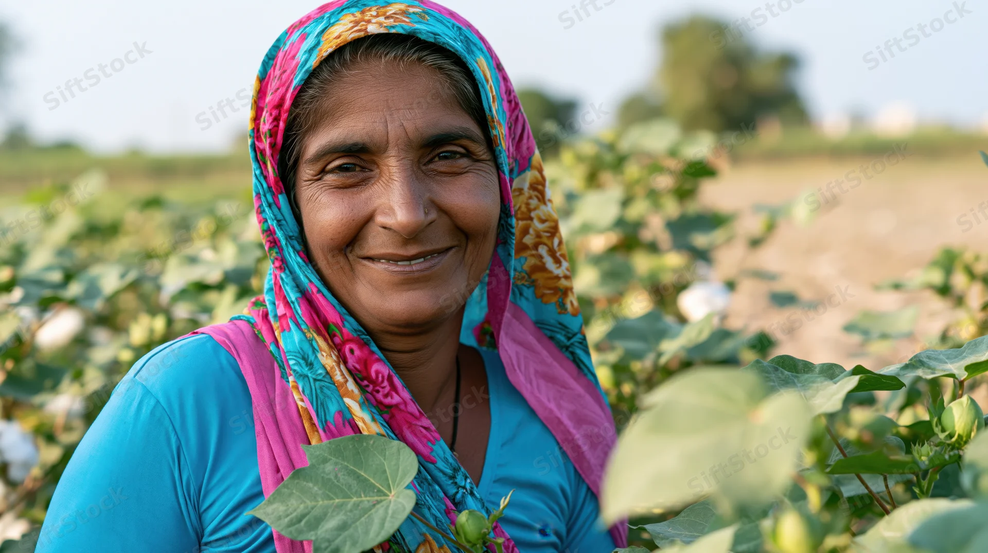 Smiling woman farmer in cotton field wearing colorful headscarf