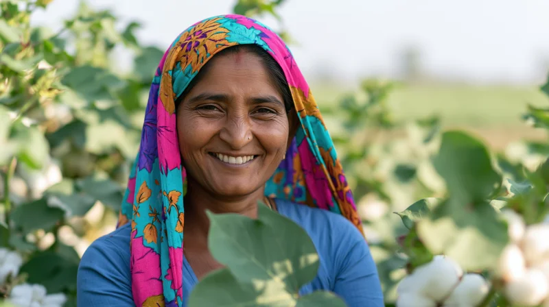 Smiling woman in a cotton field wearing a colorful headscarf