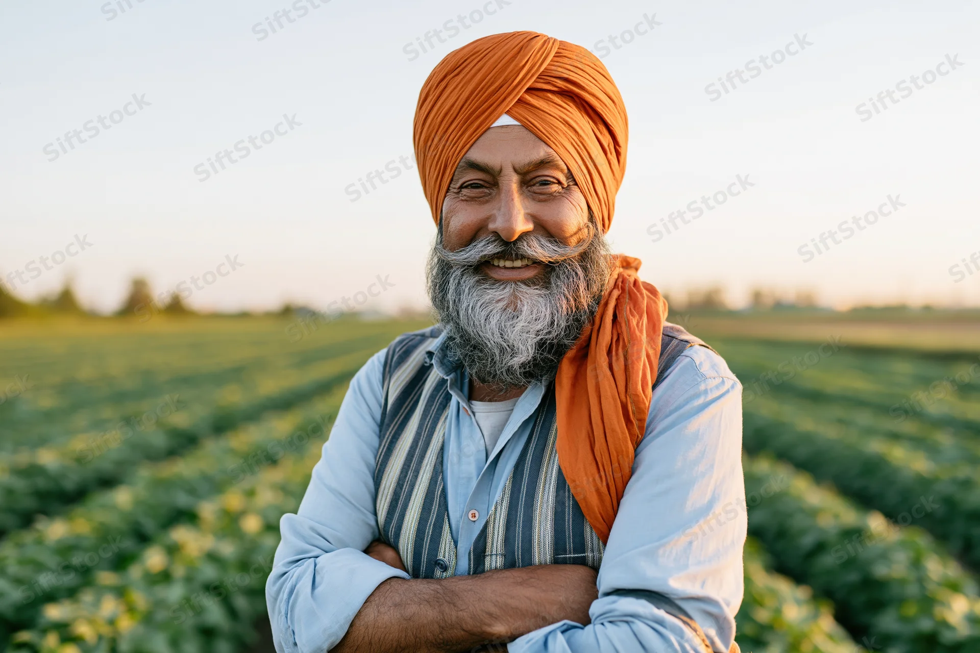 Smiling sikh farmer with arms crossed standing in a green crop field at golden hour