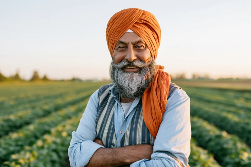 Smiling sikh farmer with arms crossed standing in a green crop field at golden hour