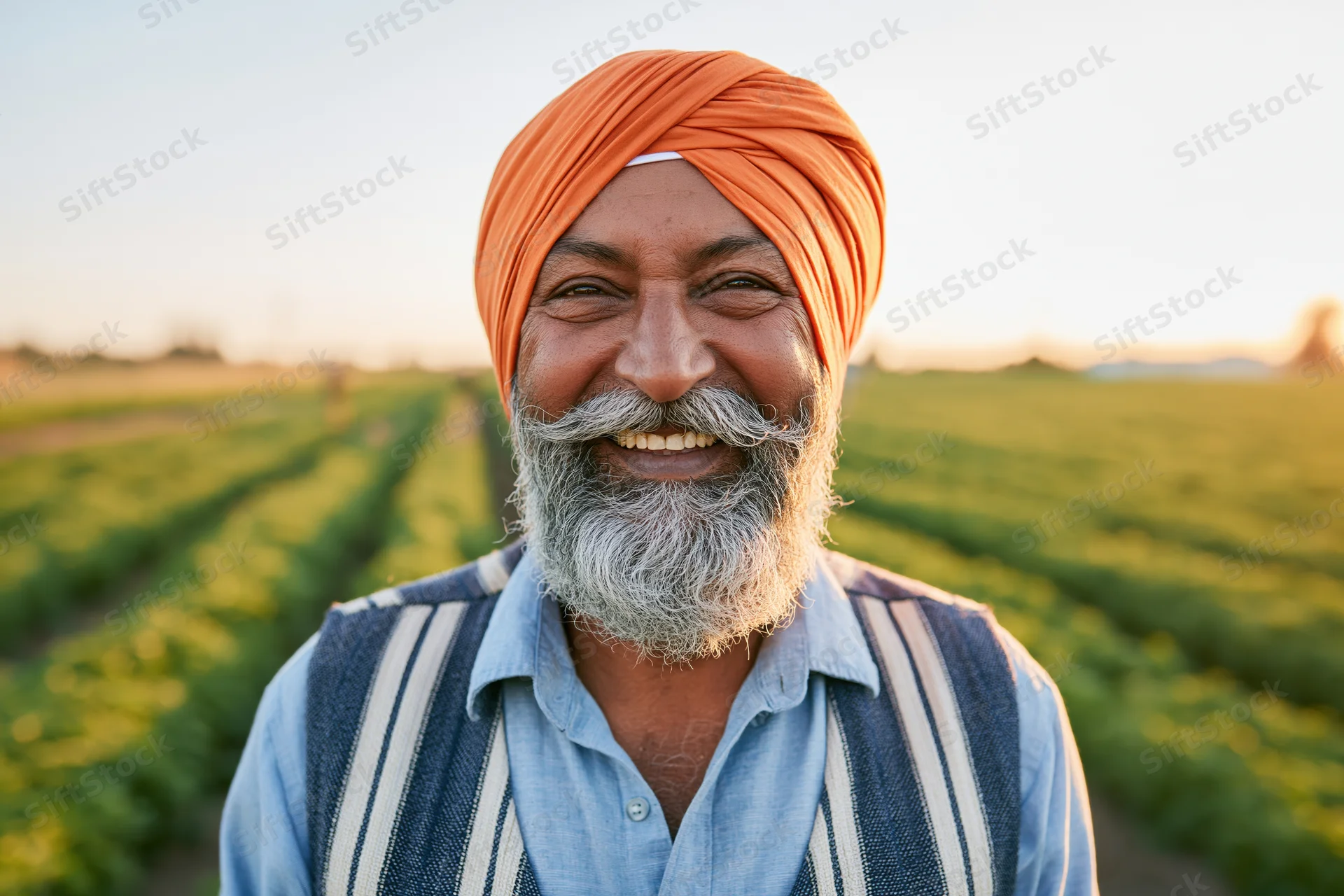 Smiling sikh farmer in orange turban standing in green crop field at sunset
