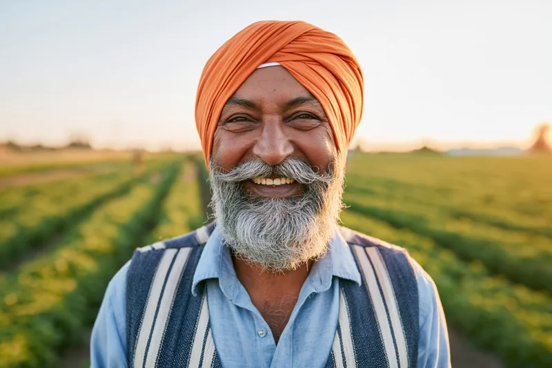 Smiling sikh farmer in orange turban standing in green crop field at sunset
