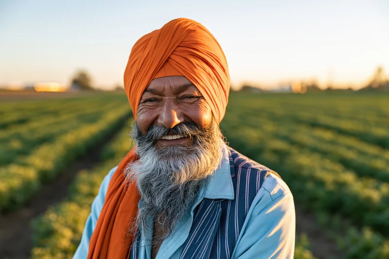 Smiling sikh farmer in orange turban standing in a green crop field at sunset