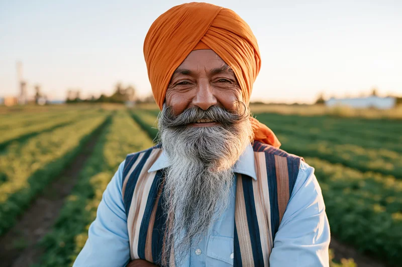 Smiling sikh farmer in orange turban standing in a green crop field at sunset