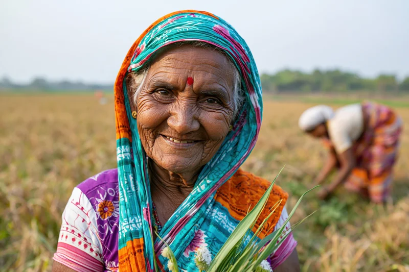 Stock style hyper realistic photo. Smiling elderly woman we see in a field