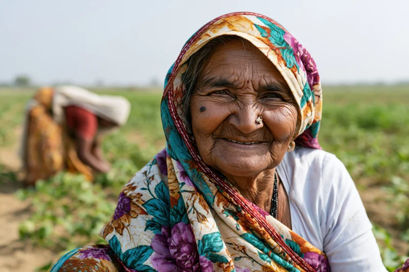 Smiling senior woman in a field wearing a floral headscarf during crop cultivation