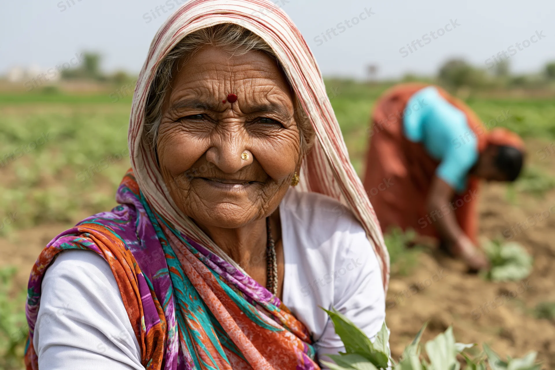 Smiling senior woman in a field tending crops with another farmer working in the background