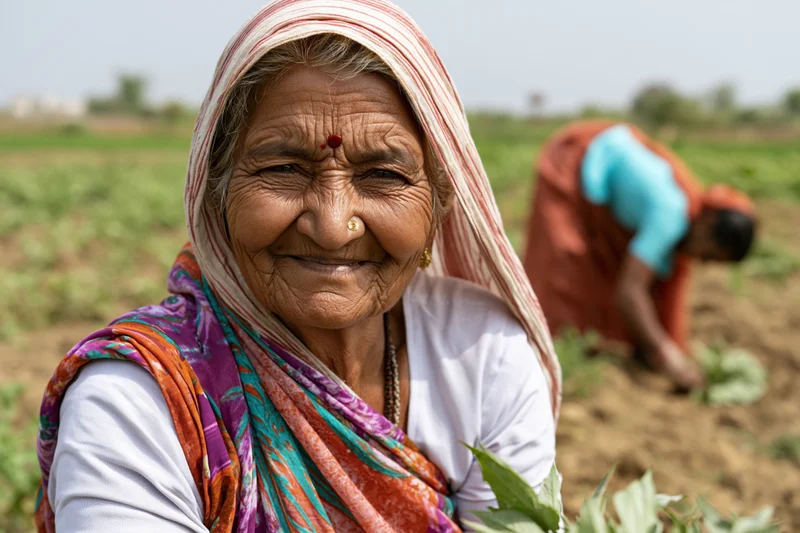 Smiling senior woman in a field tending crops with another farmer working in the background