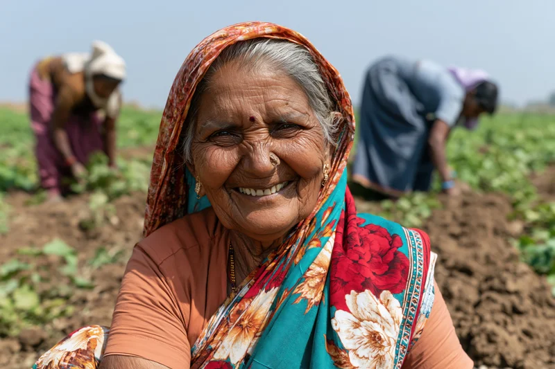 Smiling senior woman in a field with other farmers tending crops